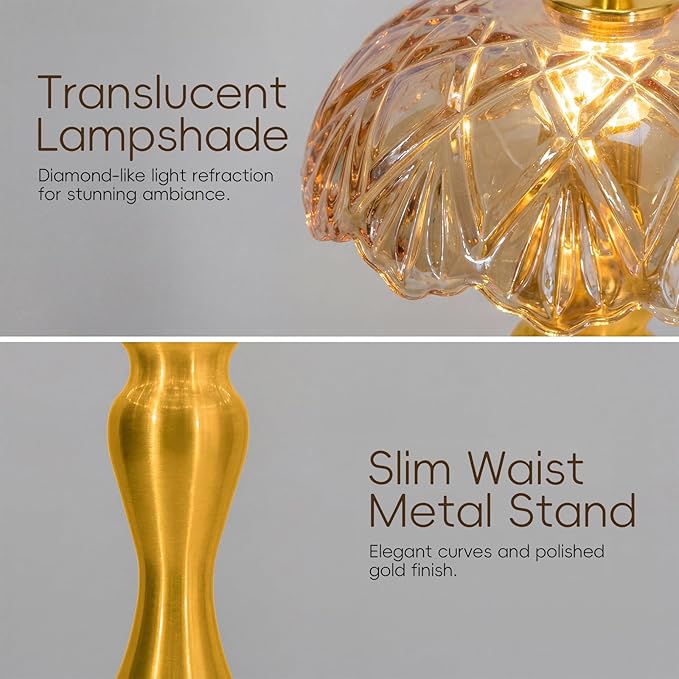 Cordless LED Table Lamp with Glass Shade, 3-Level Brightness & 3 Color Temperatures Touch Control, Rechargeable Portable Bedside Lamp for Nightstand Bedroom Living Room (Amber)