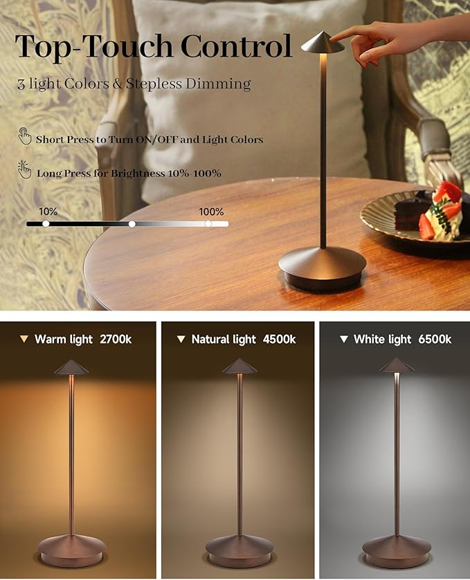 Portable Led Cordless Lamp Table Light 2 Pack, Rechargeable 6000mAh Battery Outdoor Table Lamp for Dinning Restaurant Patio Bedroom Camping, IP54 Waterproof, Dimmable