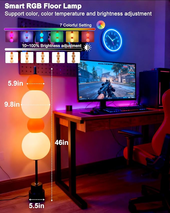 Orange Globe Floor Lamp -RGB& 3000K Dimmable LED, Touch Switch, Modern Tall Standing Lamp for Bedroom, Living Room, Home Office