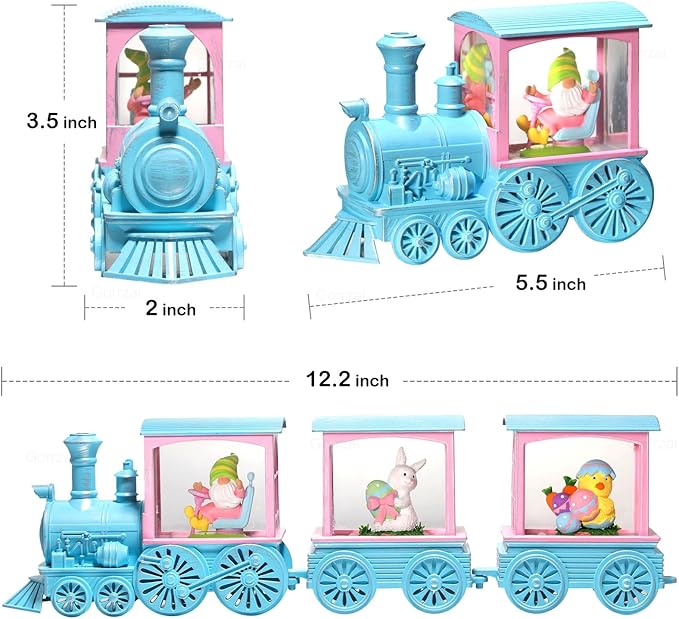 Easter Snow Globe Lighted Bunny Snow Globes with 6H Timer and Manual Glitter, Light Up Easter Decorations for Home Indoor Bunny Decor Gift with Train Gnome Chicken Eggs, Battery Operated