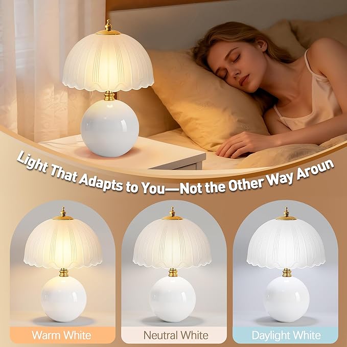 PARTPHONER Mushroom Table Lamp, Ceramic Bedside Lamp with Glass Shade, 3-Way Lighting (2700K-5000K) Rocker Switch, Small Nightstand Lamp for Bedroom, Living Room, Office, White