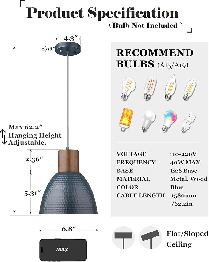 ELYONA 3 Pack Hammered Pendant Lights 7” Metal Solid Wood Hanging Light Fixtures Adjustable Height Industrial Pendant Lighting for Kitchen Island Dining Room Bedroom Bar Office, Modern Blue Small