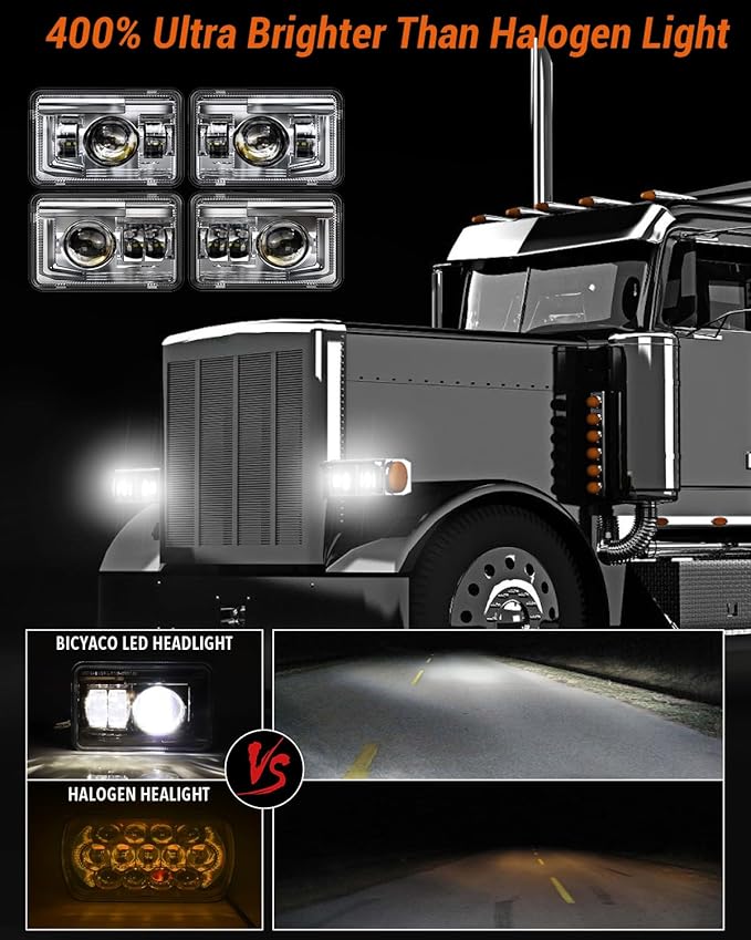 BICYACO 4 PCS DOT 4x6 Inch LED Headlights Rectangular Replacement H4651 H4652 H4656 H4666 H6545 Compatible with Peterbilt Kenworth Freightinger Ford Probe Oldsmobile Cutlass