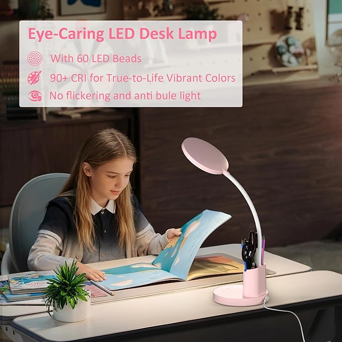 Desk Lamp, LED Desk Lamp for Home Office, Touch Table Lamp with 3 Color Modes 360° Adjustable Arm, Dimmable Desk Light with Pen Phone Holder, Pink