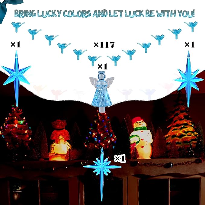 117Pcs Ceramic Christmas Tree AquaBlue Robin Bird Replacement Lights Bulbs and 1 Angel/3Stars Topper Ornament for Ceramic Tree Décor - Medium Plastic Pegs.