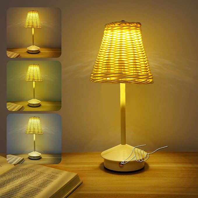 Boho Rattan Table Lamp, Cordless Wicker Woven Vintage Table Lamp - LED Rechargeable Touch Control 3 Color Dimmable Reading Bedside Lamp for Bedroom Living Room Office, Home Outdoor Decor (White-4)