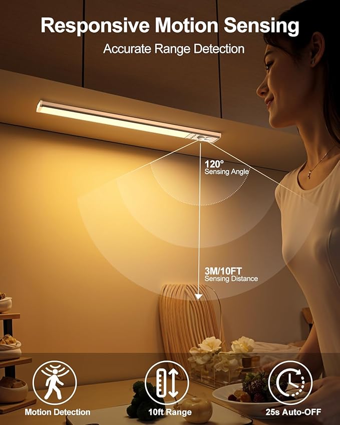 Under Cabinet Lighting, LED Motion Sensor Light Indoor with 3 Color Dimmable, 2500mAh Battery Operated Closet Lights Rechargeable Lamp, Magnetic Under Counter Night Lights Used in Cabinet (16 inches)