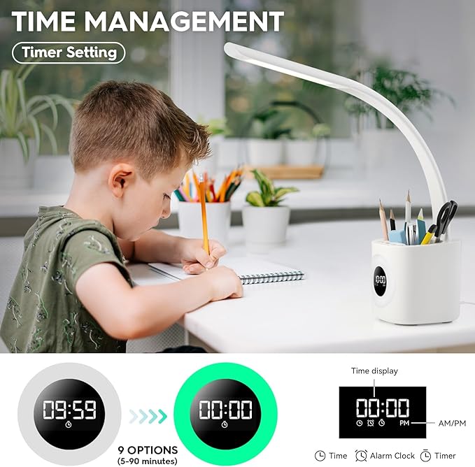 Hokone Desk Lamp for Kids, LED Desk Light for Home Office Dimmable USB Table Lamps with Clock Pen Holder Adjustable Desk Lamps with Color Night Lamp,Children's Christmas Gifts White