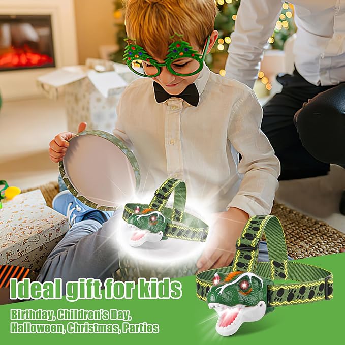 TIGTECGAME LED Kids Headlamp Battery Powered Flashlight T Rex Dinosaur Toy Stocking Stuffers Outdoor Headlight Gift for Boys Girls Toddlers 3 4 5 6 7 8+ Years Old Easter Halloween Christamas