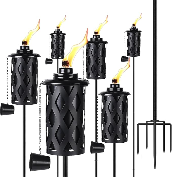 Upgraded 60 Inch Citronella Torches for Outside Set of 6, 16 Oz Outdoor Garden Torches with 5-Prong Grounded Stake, Metal Torch for Garden Décor, Outside Torches for Backyard, Garden, Patio