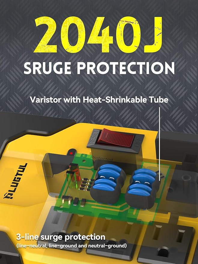 PLUGTUL Heavy Duty Surge Protector with USB Ports(PD 30W), 15A Metal Power Strip with Safety Cover, 10FT Extension Cord, 14/3 AWG, 2040Joules, Kitchen, Garage, Shop, Industrial Wall Mount, ETL Listed