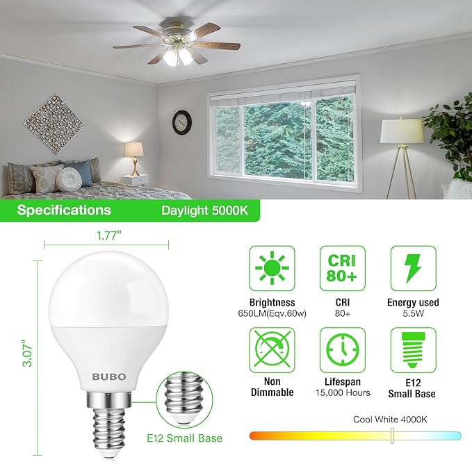 BUBO Ceiling Fan Light Bulbs, E12 LED Bulb 60W Equivalent, Small Base Light Bulbs 4000K Cool White, A15 Ceiling Fan Bulbs 120V, Candelabra Base Light Bulb 5.5W, 650LM, Non-Dimmable, 6 Pack