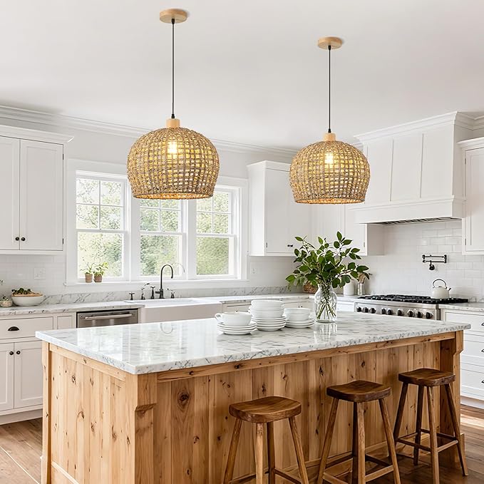 Rattan Pendant Lights Kitchen Island, 16" Wicker Hand-Woven Light Fixture Coastal Lighting Hanging Ceiling Boho Large Chandelier for Restaurants Living Dining Room Farmhouse