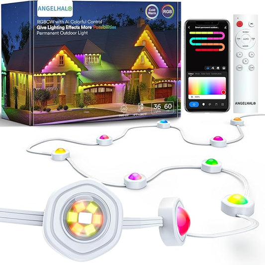 ANGELHALO Permanent Outdoor Lights Pro, 50ft with 36 LEDs for Daily and Accent Lighting, Multiple Scene Modes Eaves Lighting with Warm and Cool White, IP65 Waterproof, Compatible with Alexa