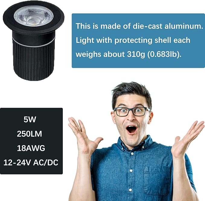 5W Aluminum In Ground Lights with Protecting Shell, Warm White Φ65mm Low Voltage 12-24V AC/DC 18AWG Wired IP67 Waterproof, Electric Recessed LED Outdoor Landscape Well Lighting, 6 Pack Black