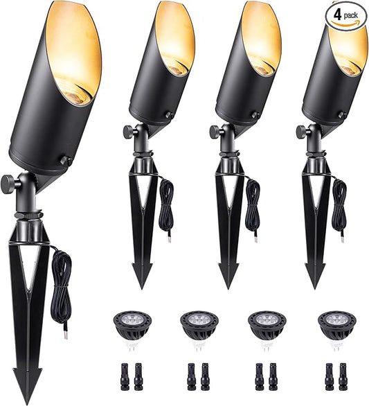 Gardenreet Brass Landscape Lighting - Black Low Voltage Outdoor Spotlights, Wired LED Uplights 12V, Waterproof Spot Lights for Outside Trees with 5W 4000K Natural White MR16 Bulb (4 Pack)