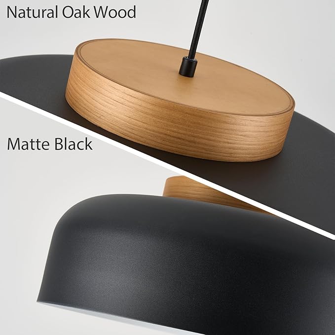 Modern Large Pendant Light Fixture, 17.7 inch,Natural Wood Cap, Matte Black Finish, Simple Pendant Lighting for Kitchen Island, Dining Room, Table