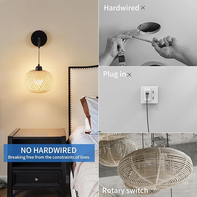 Battery Operated Wall Sconce Set of Two, Bamboo Rechargeable Wireless Sconces with Remote, Dimmable Non-Hardwired Farmhouse Boho Wall Lights for Bedroom Living Room (Black,8 inches)