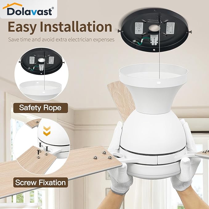 Ceiling Fans with Lights and Remote, 52 Inch Ceiling Fan with Light, Low Profile Reversible Ceiling Fans, Dimmable LED, Flush Mount, Quiet, DC Motor, White Ceiling Fan for Bedroom, Office