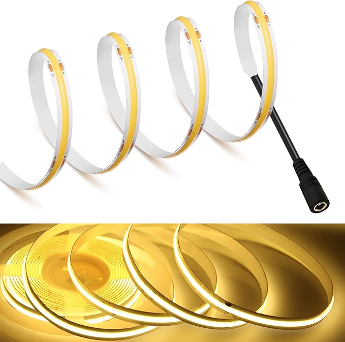 MDee】COB LED Strip Lights 3000K Warm White 4.92ft/1.5m DC Powered DC12V Flexible LED Tape Lights with DC Connector CRI 90+ 800LM/m 320LEDs/m for Indoor and Outdoor Décor（3000K Warm White4.92ft/1.5m）