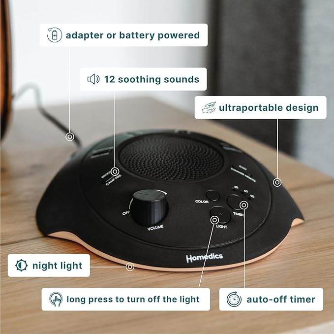 Homedics Sleep Better Portable Sound Machine, Night Light,12 Soothing Sounds Including White Noise, Rain, and Thunderstorm, Ultra-Portable Design, Auto-Off Timer, Ideal for Travel & Baby Sleep, Black