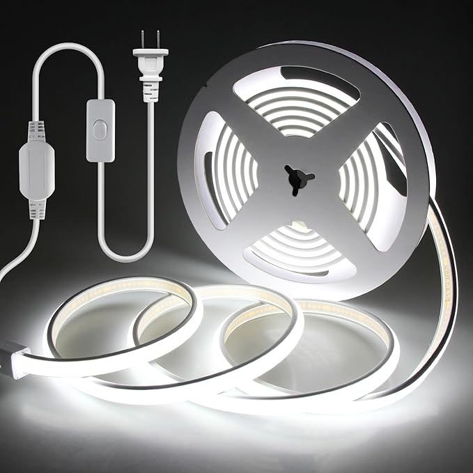 120V COB LED Rope Lights 10FT Outdoor LED Strip Lights Waterproof Daylight White 6000K Super Bright Flexible LED Tape Lights with Switch Plug in 288Leds/M for Indoor Exquisite Wall Decor 3M