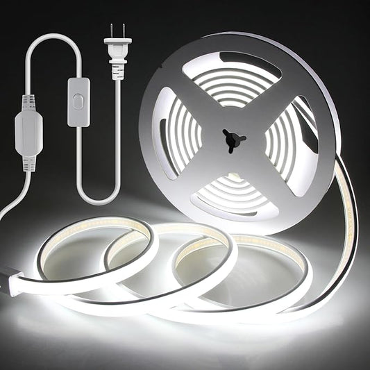 120V COB LED Rope Lights 10FT Outdoor LED Strip Lights Waterproof Daylight White 6000K Super Bright Flexible LED Tape Lights with Switch Plug in 288Leds/M for Indoor Exquisite Wall Decor 3M