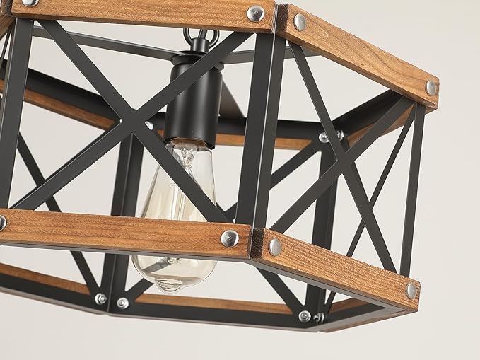 Rustic Farmhouse Wood Pendant Light Fixture One-Light Adjustable Chain 14.5 inch Oak Wood and Metal Cage Hexagon Pendant Lighting for Kitchen Island Dining Room Farmhouse Entry, Black