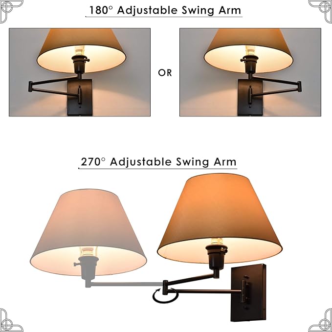 Kira Home Cambridge 15" Swing Arm Wall Lamp - Plug in/Wall Mount + Golden Bronze Fabric Shade, 150W 3-Way, Black Finish, 2-Pack