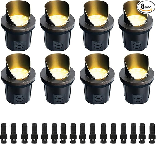 8-Pack LED Well Lights, Shielded Top, 6W 420LM, IP65 Waterproof Outdoor In-Ground Lights, 12V-24V Warm White Low Voltage Lighting for Pathway Garden Fence Deck, ETL Certified