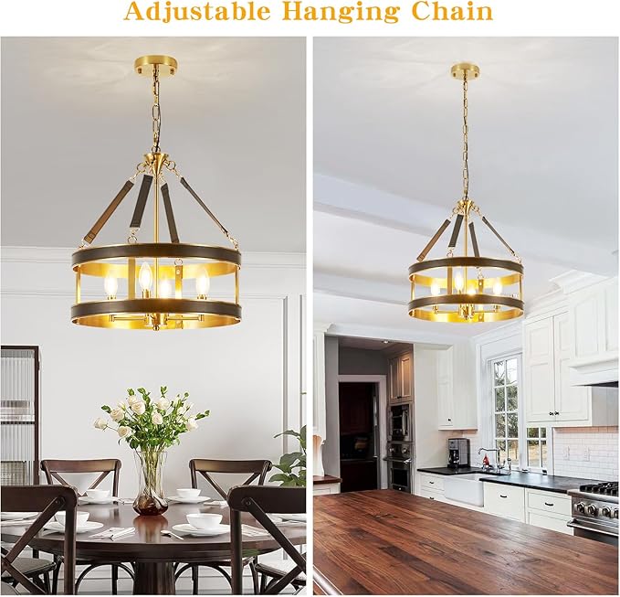 Farmhouse Ceiling Chandelier,18 Inch Antique bronze aluminum black leather belt trim Modern Rustic Hanging Pendant Ceiling Light Fixture for Living room, Dining room, Bedroom, Kitchen（4 Light）
