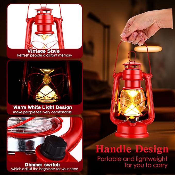 Riakrum 4 Pcs Vintage LED Hurricane Lanterns 9.5 Inch Warm White Old Hurricane Lamps Battery Operated Hanging Lanterns with Dimmer Switch for Indoor Table Centerpieces Outdoor(Red)