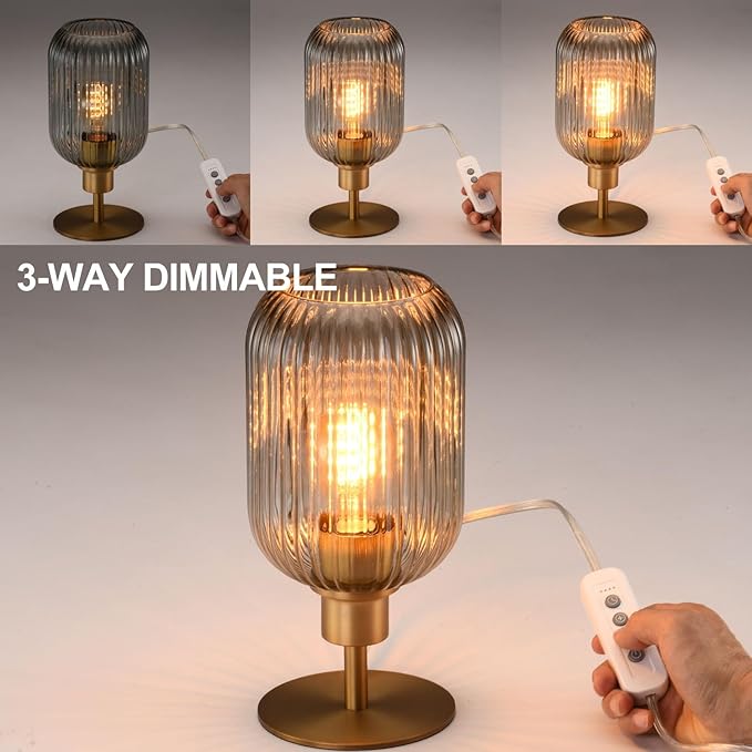 Mid Century Glass Table Lamp,Dimmable Desk Lamp,LED Bulb Included,Timer Build-in,Smoky Grey Ribbed Glass