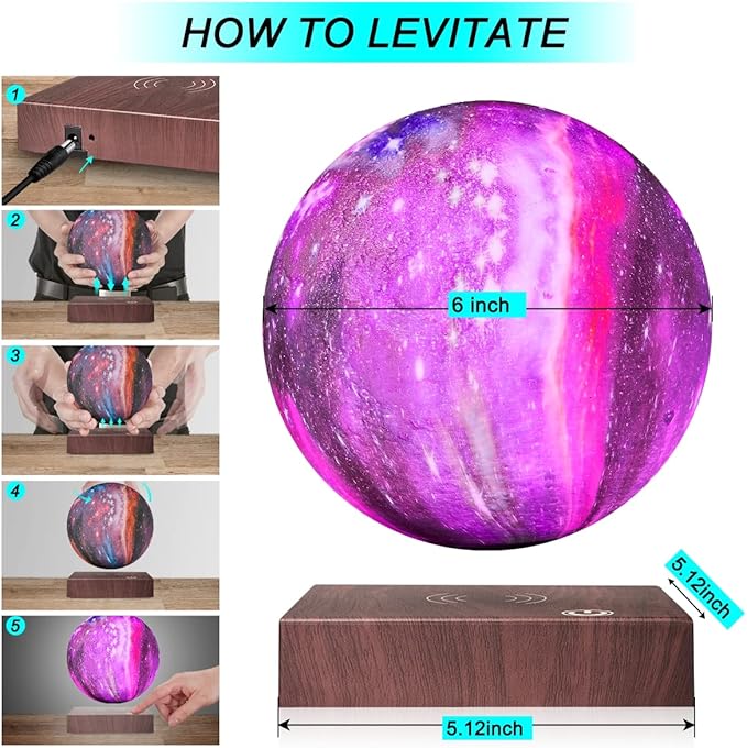 VGAzer Levitating Moon Lamp Floating and Spinning in Air Freely with Gradually Changing LED Lights,Decorative Light for Kids Lover Friends (Square Base)