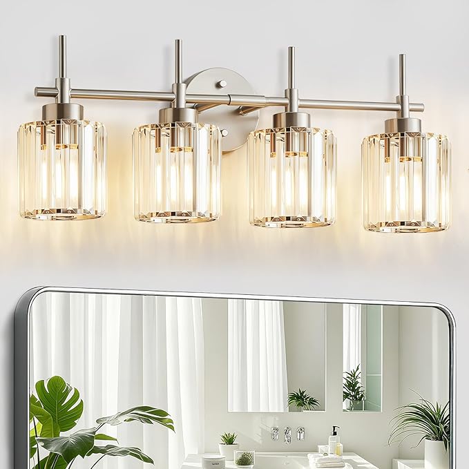 Crystal Bathroom Vanity Lights, 4 Light Bath Mirror Light Brushed Nickel Round Crystal Wall Mount Light Fixture Over Mirror Morden for Living Room