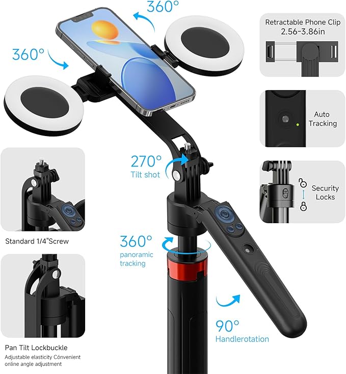 70" Auto Face Tracking Tripod for iPhone, 360 Rotation Travel Selfie Stick Mount with Remote, Gesture Control and Fill Light, Motion Sensor Phone Tripod for Tiktok YouTube Video Vlog Recording