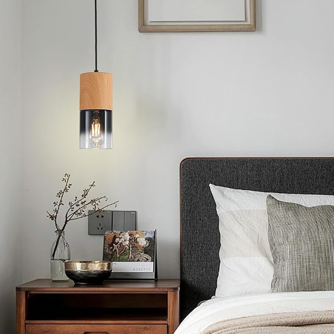 3-Pack Modern Pendant Lights for Kitchen Island, Adjustable Black Pendant Light Fixtures with Raw Wood Grain, Industrial Glass Pendant Lights for Dining Table Hallway Bedroom Living Room