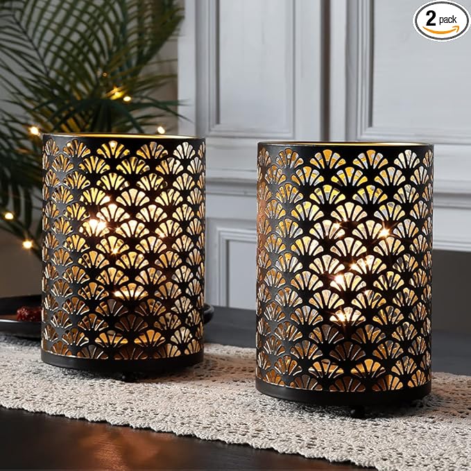 TRIROCKS Set of 2 Battery Operated Lamp 6.5'' Tall Metal Cordless Table Lamp Bronze Lanterns with Warm Fairy Lights Bulb for Patio Garden Wedding Parties Indoor Outdoor(Scalloped Hollow Pattern)