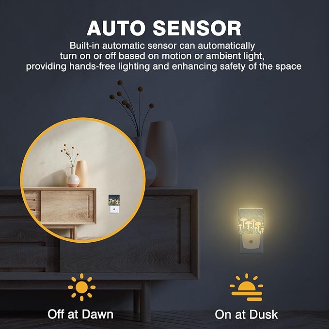 Mushroom in Fantasy Forest Night Light, Plug-in Nightlight with Dusk to Dawn Auto Sensor for Home Bedroom Hallway Kitchen 0.5W Sleep Friendly Led Lamp for Women Men