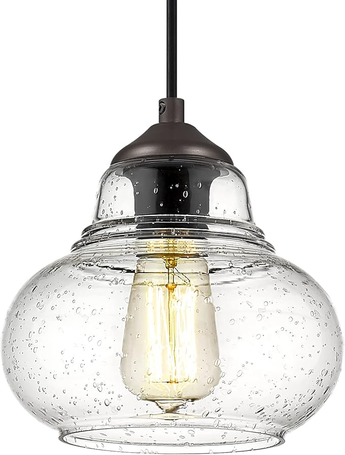 ELYONA 8 Inch Pendant Light Fixtures Seeded Bubble Glass Hanging Light Industrial Pendant Lighting for Kitchen Island Farmhouse Bar Bathroom Dining Room Oil Rubbed Bronze Finish
