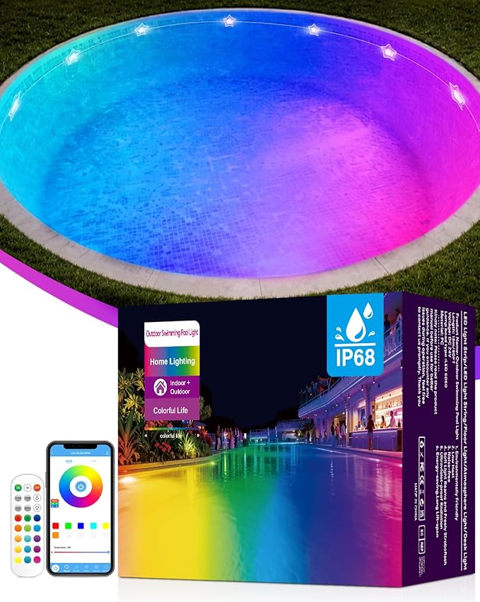 RGB+IC Pool Lights for Inground & Above Ground Pools, Submersible Underwater Pool Lights with App & Remote Control, 16M Colors, Timer, IP68 Waterproof, 100FT Swimming Pool Lighting