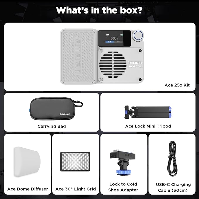 Amaran Ace 25x Kit, Pocket Bi-Color LED Light: Boost Mode Up to 32W, Bi-Color Mini Video Light (2,700-6,500K), 1,636 Lux@1m, 4,500mAh Battery with PD Fast Charging for Mobile Creators (White)