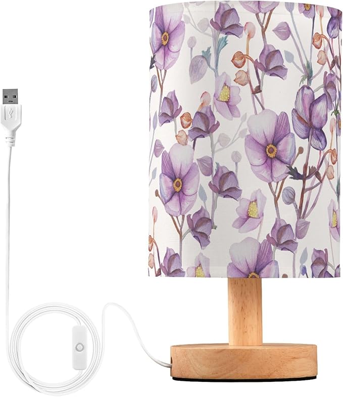Floral Pattern Elegant Purple Flower Table Lamp with Wood Base Fabric Lamp Shade Bedside Nightstand Desk Lamp for Living Room Bedroom Kids Room Office