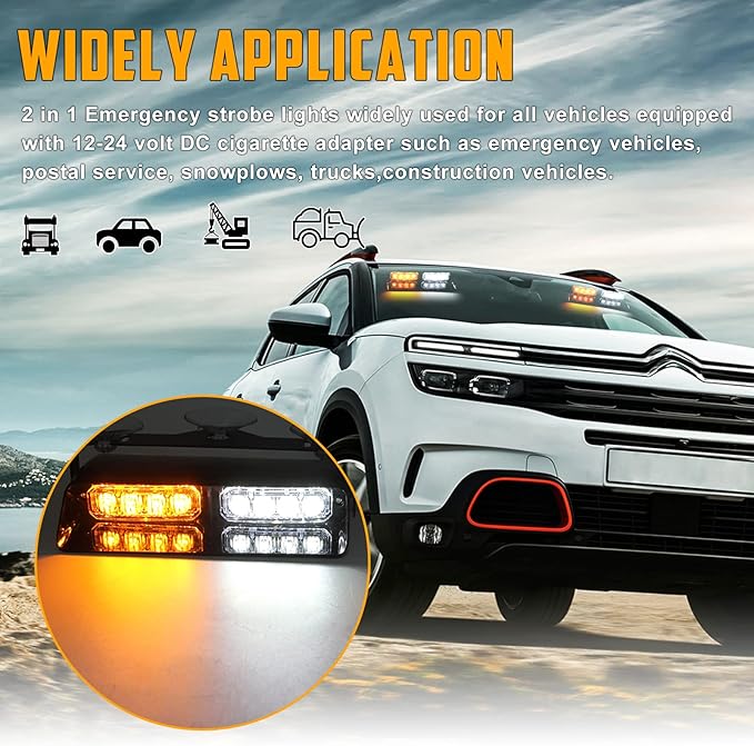 White Amber 2 In 1 LED Emergency Dash Strobe Lights, 16 Flashing Modes 12V Interior Shield Traffic Advisor Safety Hazard Warning Lights with Suction Cups for Vehicles Trucks (Yellow＆White)