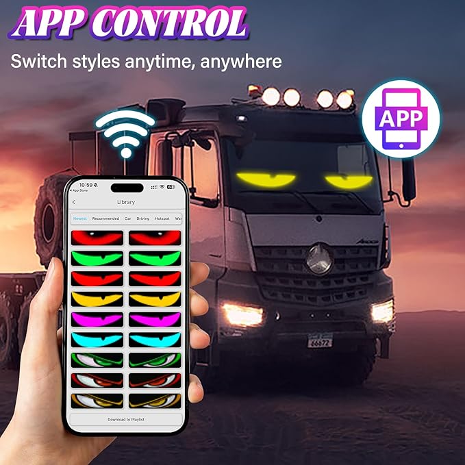 Devil Eyes Light for Car Windshield - 23.4"x4.7" Programmable RGB Accent Lights with APP Control, Custom Text & Music Sync - Easy Install Waterproof Warning Lights for Car, SUV, Truck (2-Pack)