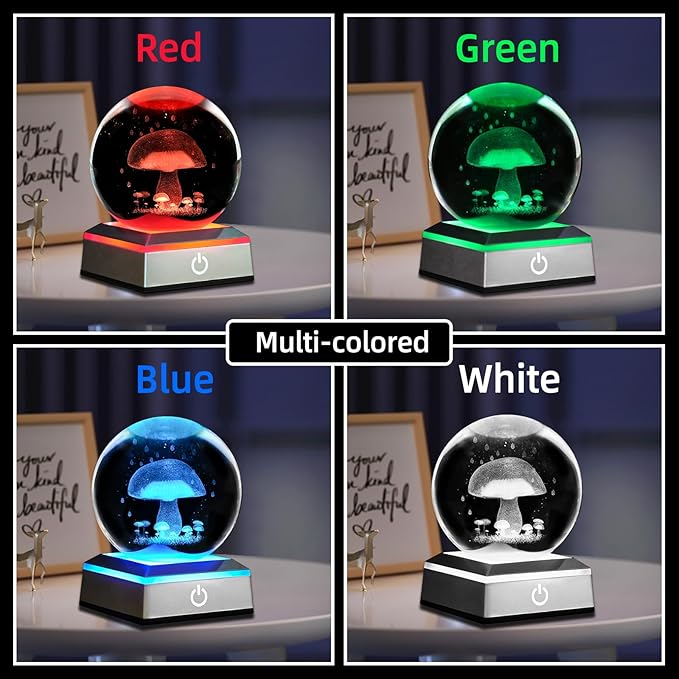 3D Mushroom Crystal Ball Night Light 3.15 inch Glass Ball Table Lamp with Color Changing Touch Base Mushroom Decor Ideal Gifts for Friends Kids Christmas Birthday