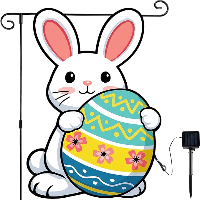 VIHOSE Easter Garden Flag for Outside, 12 x 18 Inch Solar Easter Garden Flag, 8 Modes LED Rabbit Yard Flags Lighted Egg Double Sided Outdoor Banner for Courtyard Lawn Decoration
