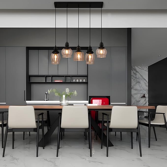 WILON Pendant Lights Kitchen Island, 5-Light Dining Room Light Fixture with Seeded Glass Shade, Farmhouse Chandeliers for Dining Room Matte Black Finish Hanging Linear Chandeliers for Kitchen Island