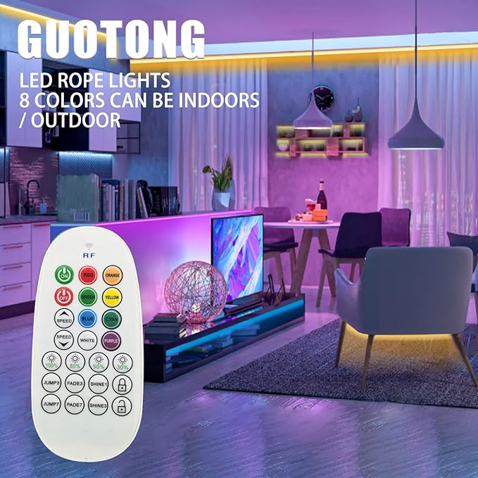 LED Rope Lights 50ft/15m RGB Dimmable Strip Lighting Kit, Flexible 450 LED, 110V, Waterproof, Male and Female connectors, Power Plug Built-in Fuse Design, Infrared Remote Control