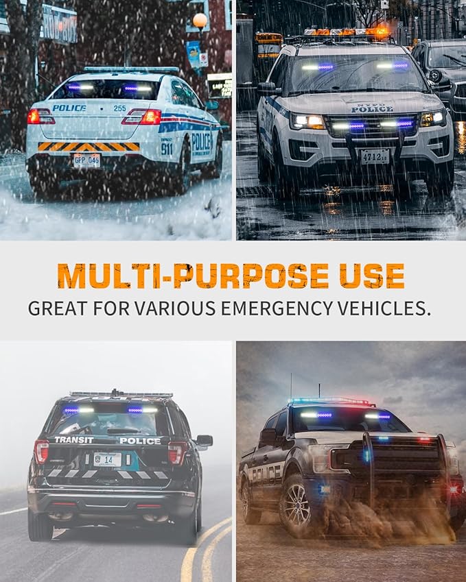 XRIDONSEN 2x 10.7 inch Blue White Emergency Lights 24 LED Warning Flashing Safety Side Window Front/Rear Windshield Strobe Lights Grill Surface Mount for Police Firefighter Ambulance Vehicles Trucks